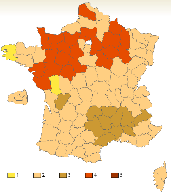 carte de france qui montre le nombre de bises par départements