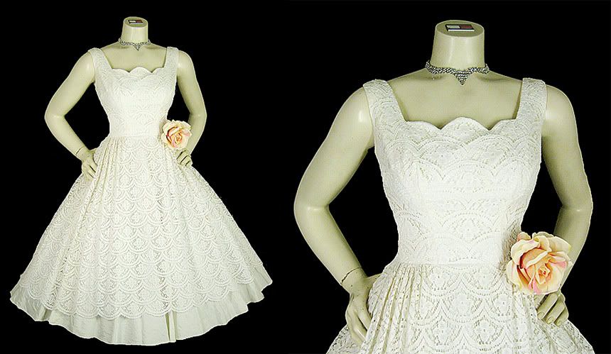 Vintage 50s Scalloped Lace Party Prom Wedding Dress XS eBay item 