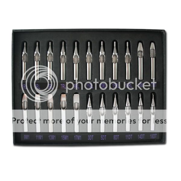 Tattoo Stainless Steel Tips   Set of 22  Round/Flat/Diamond + Cleaning 